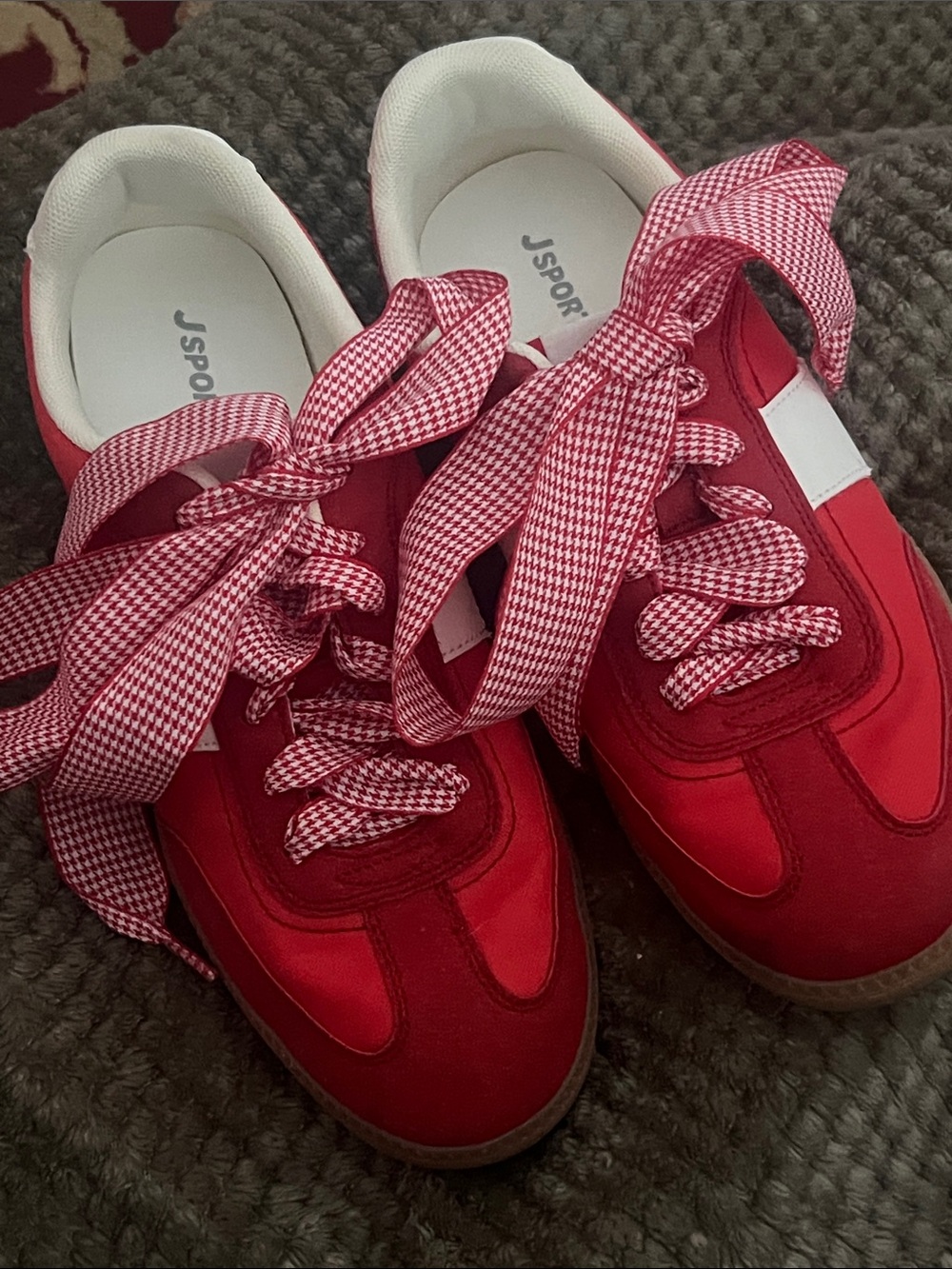 Ladies’ Red Casual Sneakers with red gingham laces